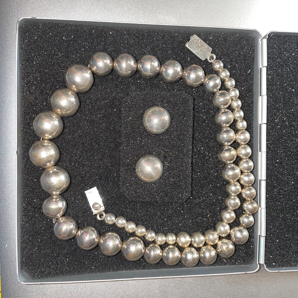 Sterling Silver Pearl Beads Necklace & Ear-rings Set. Vintage Silver Jewellery - Picture 2 of 11